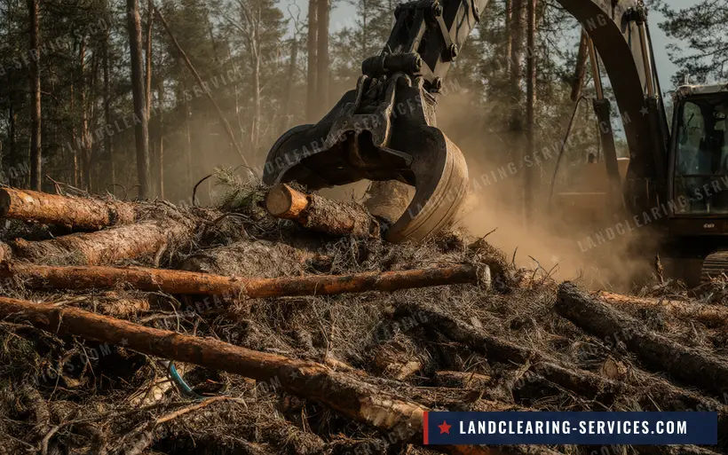 Excavator grapple stacking pine logs during tree clearing