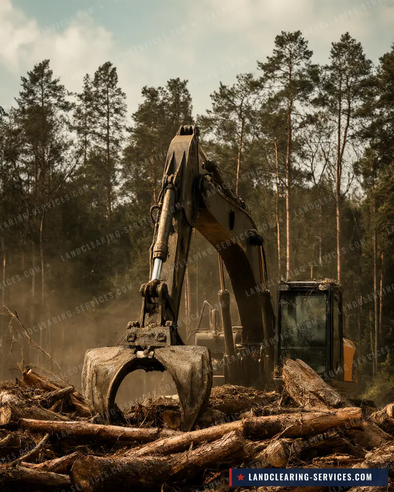 Excavator grapple stacking pine logs during tree clearing, tree clearing
