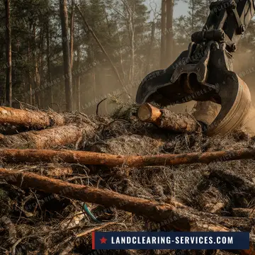 Excavator grapple stacking pine logs during tree clearing