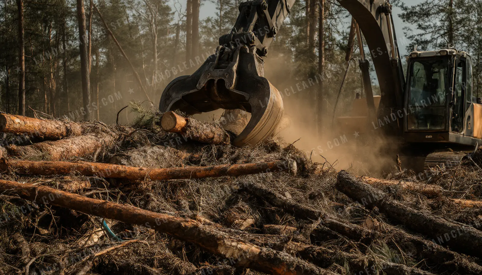 Excavator grapple stacking pine logs during tree clearing, tree clearing