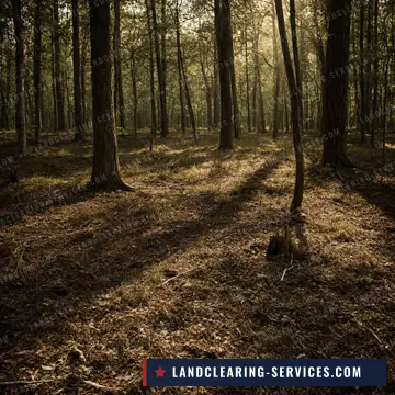 Pine woods after underbrush removal, the forest floor cleared and covered in mulch